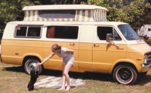 The converted 1977 Dodge Van. Conversion was done by one of Blaine's great-uncles. And yes, that's me! And our 'second-born' , a Cocker Spaniel named Brandy. (The first was a cat, Sunshine)